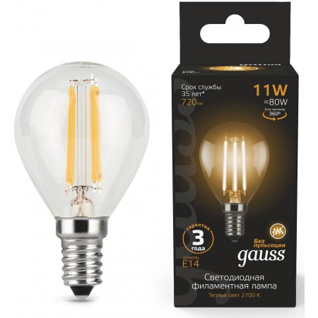 Лампа светодиодная Gauss Filament 11Вт цок.:E14 шар 220B 2700K св.свеч.бел.теп. (упак.:10шт) (105801111)