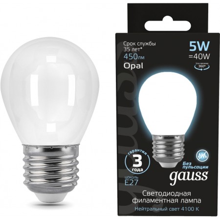 Лампа филам. Gauss Filament 5Вт цок.:E27 шар 220B св.свеч.бел.нейт. (упак.:1шт) (105202205)