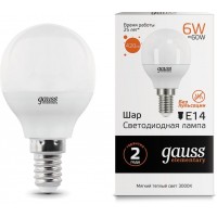 Лампа светодиодная Gauss Elementary 6Вт цок.:E14 шар 220B 3000K св.свеч.бел.теп. (упак.:1шт) (53116)