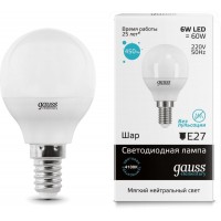 Лампа светодиодная Gauss Elementary 6Вт цок.:E14 шар 220B 4100K св.свеч.бел.нейт. (упак.:1шт) (53126) Лампа светодиодная Gauss Elementary 6Вт цок.:E14 шар 220B 4100K св.свеч.бел.нейт. (упак.:1шт) (53126)