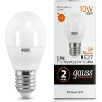 Лампа светодиодная Gauss Elementary 10Вт цок.:E27 шар 220B 3000K св.свеч.бел.теп. (упак.:1шт) (53210)