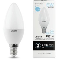 Лампа светодиодная Gauss Elementary 6Вт цок.:E14 свеча 220B 6500K св.свеч.бел.хол. C37 (упак.:10шт) (33136)