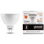 Лампа светодиодная Gauss 5.5Вт цок.:GU5.3 рефлек. 220B 3000K св.свеч.бел.теп. MR16 (упак.:1шт) (13516)