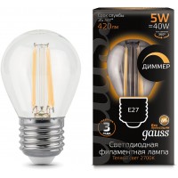 Лампа филам. Gauss 5Вт цок.:E27 шар 220B 2700K св.свеч.бел.теп. G45 (упак.:10шт) (105802105-D)