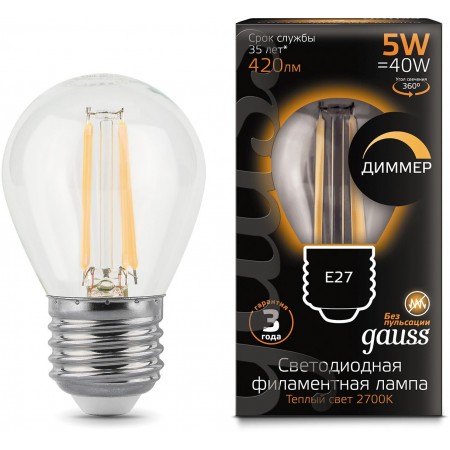Лампа филам. Gauss 5Вт цок.:E27 шар 220B 2700K св.свеч.бел.теп. G45 (упак.:10шт) (105802105-D)