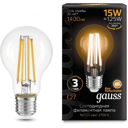 Лампа светодиодная Gauss Filament 102902115 15Вт цок.:E27 груша 220B 2700K св.свеч.бел.теп. (упак.:1шт)