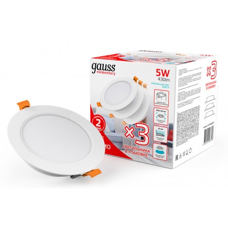 Светильник Gauss Elementary Downlight 5Вт 4000K белый круглый (9100420205T)