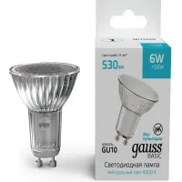 Лампа светодиодная Gauss Basic 6Вт цок.:GU10 софит св.свеч.бел.нейт. (10106262)