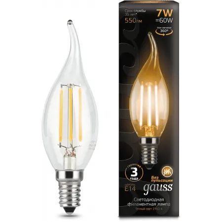 Лампа светодиодная Gauss Filament 7Вт цок.:E14 свеча 220B св.свеч.бел.теп. CF35 (упак.:10шт) (104801107)