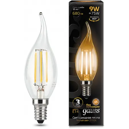 Лампа светодиодная Gauss Filament 9Вт цок.:E14 свеча 220B св.свеч.бел.теп. CF35 (упак.:10шт) (104801109)
