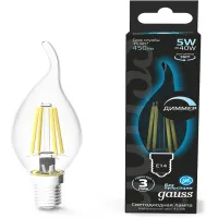 Лампа филам. Gauss Filament 5Вт цок.:E14 свеча 220B св.свеч.бел.нейт. (упак.:10шт) (104801205-D)
