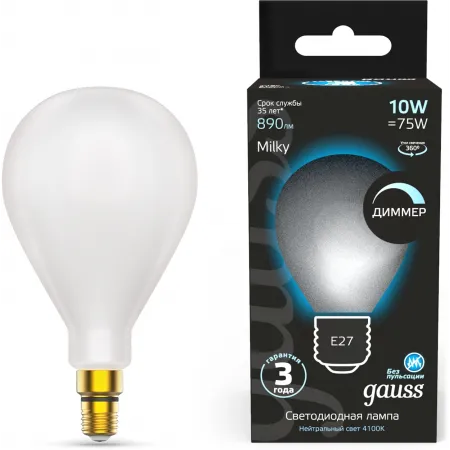 Лампа светодиодная Gauss Filament 179202210-D 10Вт цок.:E27 груша 220B св.свеч.бел.нейт. (упак.:10шт)