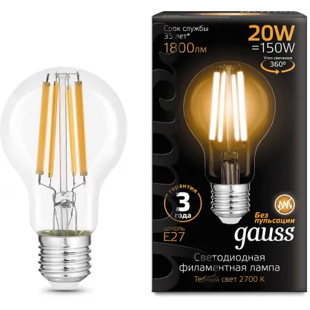 Лампа светодиодная Gauss Filament 102902120 20Вт цок.:E27 груша 220B св.свеч.бел.теп. (упак.:10шт) Лампа светодиодная Gauss Filament 102902120 20Вт цок.:E27 груша 220B св.свеч.бел.теп. (упак.:10шт)