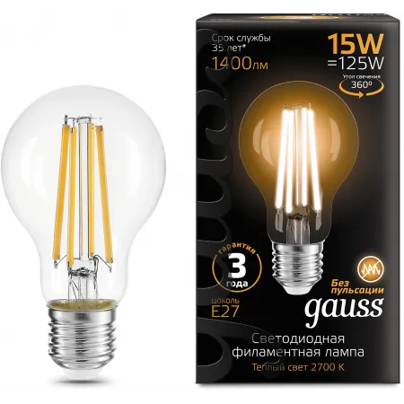 Лампа светодиодная Gauss Filament 102902115 15Вт цок.:E27 груша 220B св.свеч.бел.теп. (упак.:10шт)
