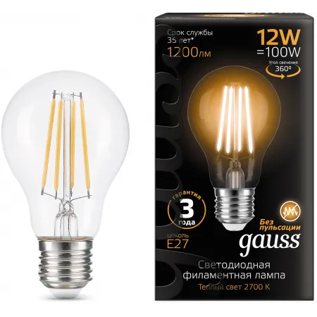 Лампа светодиодная Gauss Filament 102902112 12Вт цок.:E27 груша 185B св.свеч.бел.теп. грушевидная (упак.:10шт)