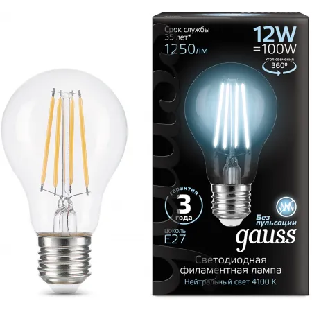 Лампа светодиодная Gauss Filament 102902212 12Вт цок.:E27 груша 185B св.свеч.бел.нейт. грушевидная (упак.:10шт)