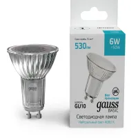 Лампа светодиодная Gauss Basic 6Вт цок.:GU10 софит 220B св.свеч.бел.нейт. (упак.:10шт) (10106262)