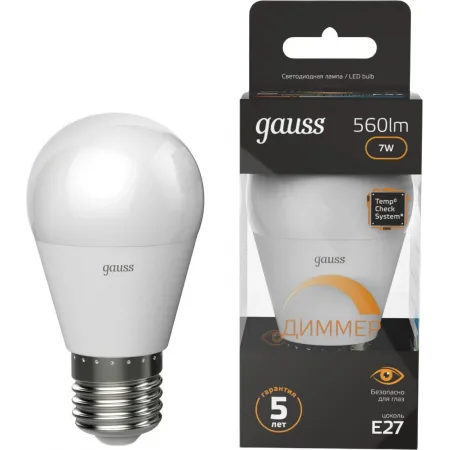 Лампа светодиодная Gauss 105102107-D 7Вт цок.:E27 шар 220B св.свеч.бел.теп. (упак.:1шт)