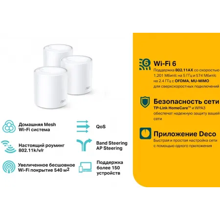 Бесшовный Mesh роутер TP-Link Deco X20 (3-PACK) (DECO X20(3-PACK)) AX1800 10/100/1000BASE-TX белый (упак.:3шт)