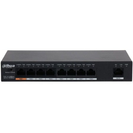 Коммутатор Dahua DH-PFS3009-8ET1GT-96 8x100Мбит/с 1x1Гбит/с 7PoE+ 1PoE++ 96W неуправляемый