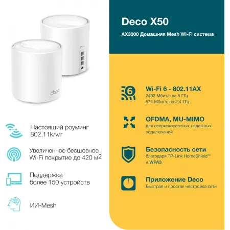 Бесшовный Mesh роутер TP-Link DECO X50(2-PACK) AX3000 10/100/1000BASE-TX белый (упак.:2шт)