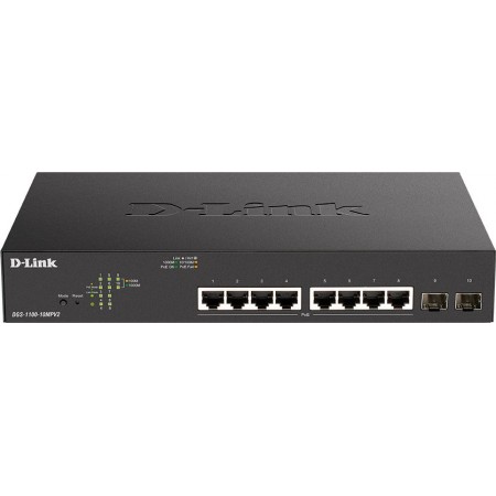 Коммутатор D-Link DGS-1100-10MPV2/A3A (L2) 8x1Гбит/с 2xКомбо(1000BASE-T/SFP) 2SFP 8PoE 130W управляемый