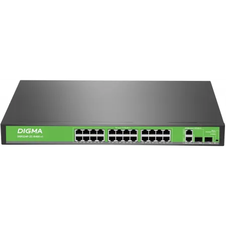 Коммутатор Digma DSP224F-2C-R400 DSP224F-2C-R400 V1 (L2) 24x100Мбит/с 2xКомбо(1000BASE-T/SFP) 24PoE 24PoE+ 400W неуправляемый