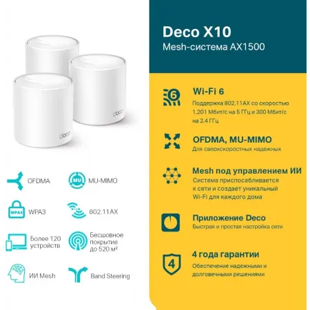 Бесшовный Mesh роутер TP-Link Deco X10 (DECO X10(3-PACK)) AX1500 10/100/1000BASE-TX белый (упак.:3шт)