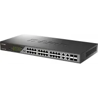 Коммутатор D-Link DSS-200G-28MP/A1A (L2) 24x1Гбит/с 4xКомбо(1000BASE-T/SFP) 24PoE 24PoE+ 370W настраиваемый
