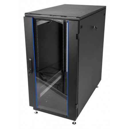 Шкаф коммутационный ЦМО (ШТК-М-27.6.8-1ААА-9005) напольный 27U 600x820мм пер.дв.стекл задн.дв.стал.лист 2 бок.пан. направл.под закл.гайки 400кг черный 79.7кг 180град.