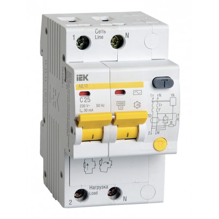 Выключатель автом. дифф. тока IEK MAD10-2-025-C-030 АД12 25A тип C 4.5kA 30мА AC 2П 230В 3мод белый (упак.:1шт)