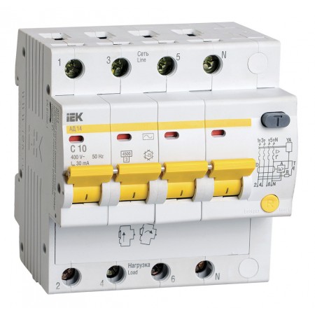 Выключатель автом. дифф. тока IEK MAD10-4-010-C-030 АД14 10A тип C 4.5kA 30мА AC 4П 400В 5мод белый (упак.:1шт)