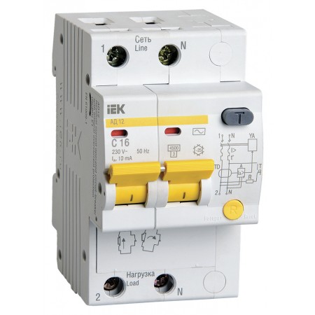 Выключатель автом. дифф. тока IEK MAD10-2-016-C-010 АД12 16A тип C 4.5kA 10мА AC 2П 230В 3мод белый (упак.:1шт)
