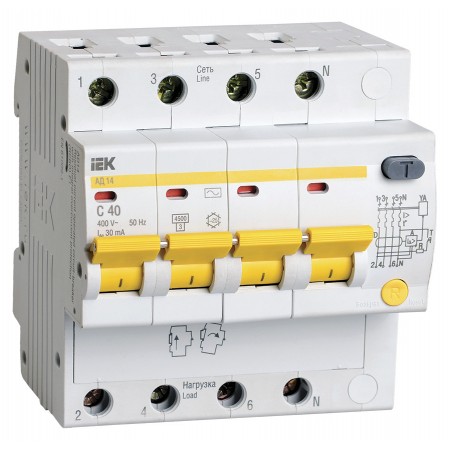 Выключатель автом. дифф. тока IEK MAD10-4-040-C-030 АД14 40A тип C 4.5kA 30мА AC 4П 400В 5мод белый (упак.:1шт)
