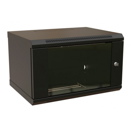 Шкаф коммутационный WRline (WR-TW-0645-GP-RAL9004) настенный 6U 600x450мм пер.дв.стекл 2 бок.пан. направл.под винты 60кг черный 350мм 367мм IP20 сталь