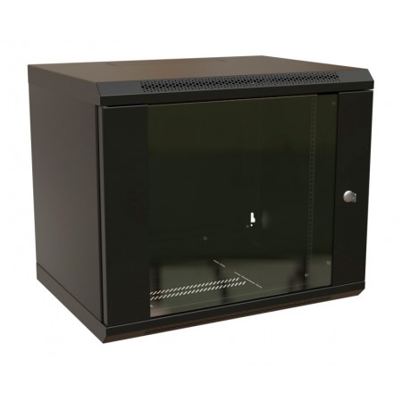 Шкаф коммутационный WRline (WR-TW-1245-GP-RAL9004) настенный 12U 600x450мм пер.дв.стекл 2 бок.пан. направл.под винты 60кг черный 350мм 650мм IP20 сталь