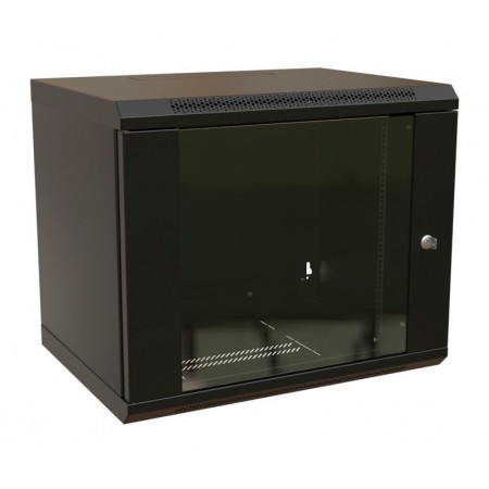 Шкаф коммутационный WRline (WR-TW-1266-GP-RAL9004) настенный 12U 600x600мм пер.дв.стекл 2 бок.пан. направл.под винты 60кг черный 500мм 650мм IP20 сталь