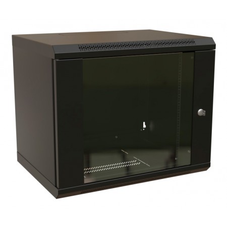 Шкаф коммутационный WRline (WR-TW-1545-GP-RAL9004) настенный 15U 600x450мм пер.дв.стекл 2 бок.пан. направл.под винты 60кг черный 370мм 775мм IP20 сталь