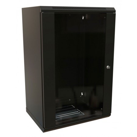 Шкаф коммутационный WRline (WR-TW-1845-GP-RAL9004) настенный 18U 600x450мм пер.дв.стекл 2 бок.пан. направл.под винты 60кг черный 370мм 908мм IP20 сталь