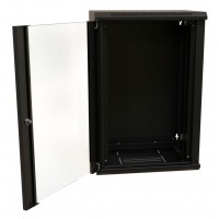 Шкаф коммутационный WRline (WR-TW-1866-GP-RAL9004) настенный 18U 600x600мм пер.дв.стекл 2 бок.пан. направл.под винты 60кг черный 520мм 908мм IP20 сталь