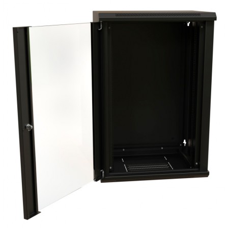 Шкаф коммутационный WRline (WR-TW-1866-GP-RAL9004) настенный 18U 600x600мм пер.дв.стекл 2 бок.пан. направл.под винты 60кг черный 520мм 908мм IP20 сталь