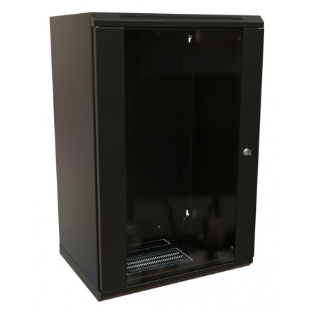 Шкаф коммутационный WRline (WR-TW-2245-GP-RAL9004) настенный 22U 600x450мм пер.дв.стекл 2 бок.пан. направл.под винты 60кг черный 370мм 1086мм IP20 сталь