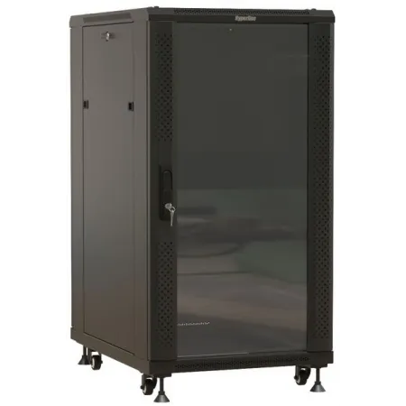 Шкаф коммутационный Hyperline TTBR-1866-AS-RAL9004 напольный 18U 600x600мм пер.дв.стекл задн.дв.спл.стал.лист 800кг черный 510мм 64.1кг 988мм IP20 сталь