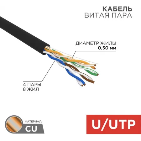 Кабель информационный Rexant 01-0045 кат.5E U/UTP 4 пары 24AWG PE внешний 305м черный