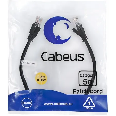 Патч-корд Cabeus PC-UTP-RJ45-CAT.5E-0.3M-BK U/UTP RJ-45 вил.-вилка RJ-45 кат.5E 0.3м черный ПВХ Патч-корд Cabeus PC-UTP-RJ45-CAT.5E-0.3M-BK U/UTP RJ-45 вил.-вилка RJ-45 кат.5E 0.3м черный ПВХ