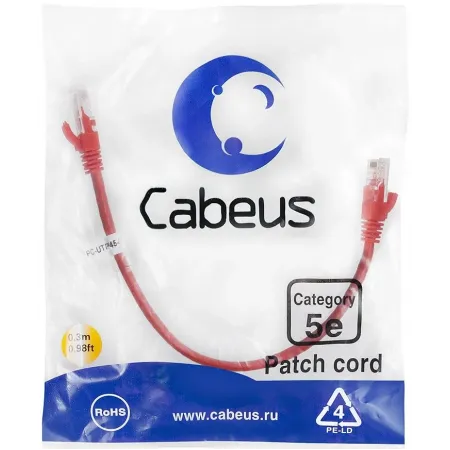Патч-корд Cabeus PC-UTP-RJ45-CAT.5E-0.3M-RD U/UTP RJ-45 вил.-вилка RJ-45 кат.5E 0.3м красный ПВХ