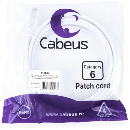 Патч-корд Cabeus PC-UTP-RJ45-CAT.6-3M-WH-LSZH U/UTP RJ-45 вил.-вилка RJ-45 кат.6 3м белый LSZH