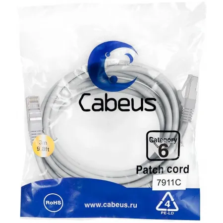 Патч-корд Cabeus PC-FTP-RJ45-CAT.6-3M-LSZH F/UTP RJ-45 вил.-вилка RJ-45 кат.6 3м серый LSZH