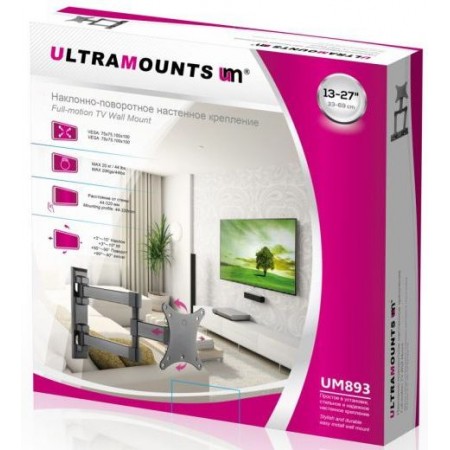 Кронштейн для телевизора Ultramounts UM893 черный 13"-27" макс.20кг настенный поворотно-выдвижной и наклонный