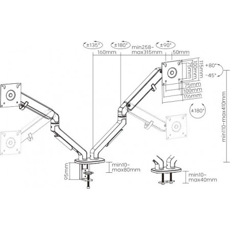 Кронштейн для мониторов Ultramounts UM735BL черный/серый 17"-27" макс.7кг крепление к столешнице поворот и наклон
